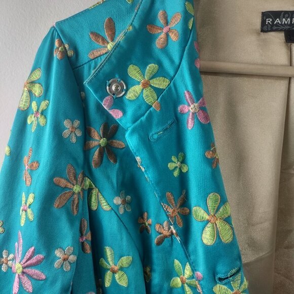 Vintage Y2K Rampage Teal Embroidered Flower Satin Belted Jacket Size L - Picture 4 of 7